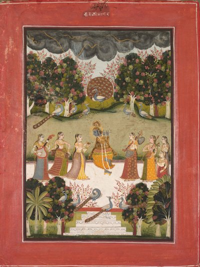 Malar Ragini: Krišna hraje na flétnu sedmi gopiím s hudebními nástroji..., c. 1760. od Unbekannt