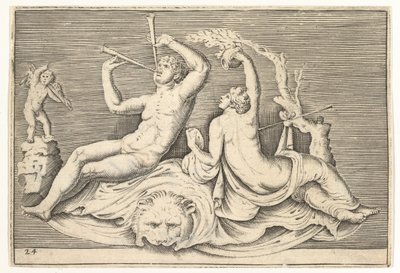 Muž hrající na dvě flétny a Žena na lví kůži, publikoval ca. 1599-1622. od Unbekannt