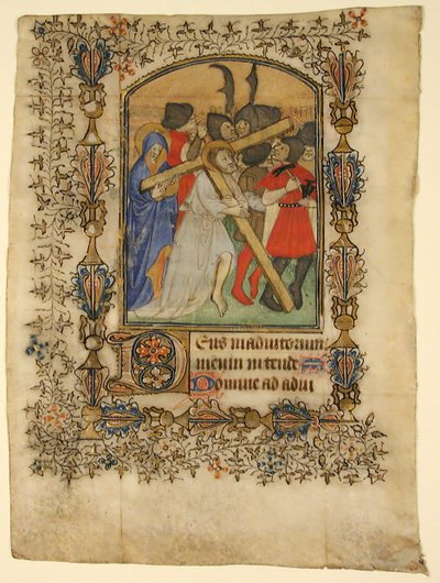 Rukopisný list z knihy hodin... Iluminovaná iniciála D a Kristus nesoucí kříž, 1390-140 od Unbekannt