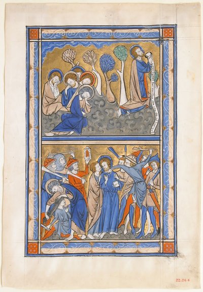 Rukopisný list s agónií v zahradě a zradou Krista, z královského žaltáře, ca. 1270. od Unbekannt