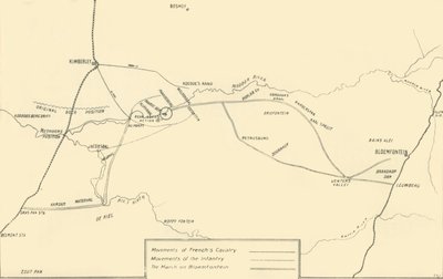 Mapa znázorňující hnutí za pomoc Kimberley a dobytí Bloemfonteinu, 1901. od Unbekannt