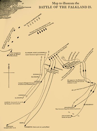 Mapa znázorňující bitvu o Falklandské ostrovy 8. prosince 1914, c1920. od Unbekannt