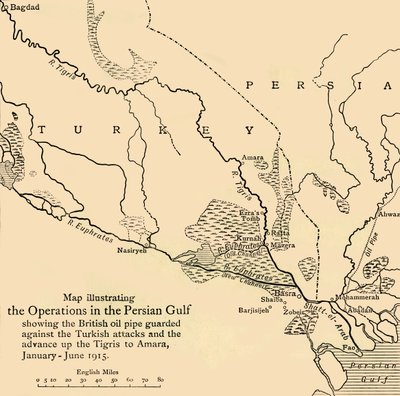 Mapa znázorňující operace v Perském zálivu, první světová válka, 1915, c1920. od Unbekannt