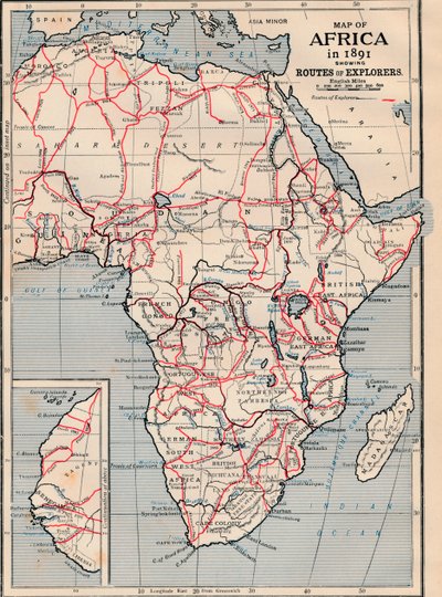 Mapa Afriky v roce 1891 ukazující cesty průzkumníků od Unbekannt