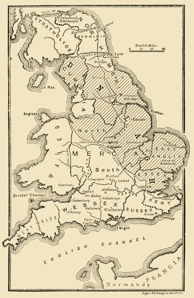 Mapa Anglie, zobrazující anglosaská království a dánské okresy, c9. století, 189 od Unbekannt