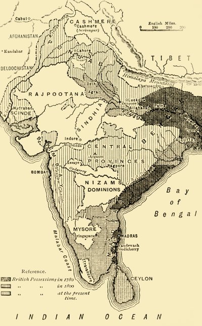 Mapa Indie, zobrazující britský majetek v roce 1780, 1800 a v současné době, 1890. od Unbekannt