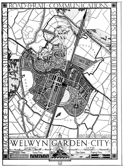 Mapa Welwyn Garden City, Hertfordshire, Anglie, 1926 od Unbekannt