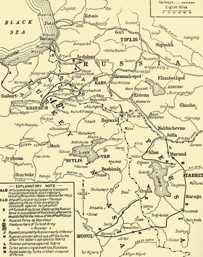 Mapa hranice mezi Ruskem a Tureckem, první světová válka, c1920. od Unbekannt