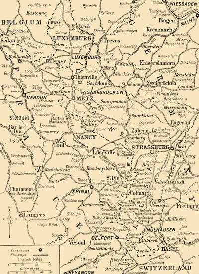 Mapa zobrazující hranici mezi Francií a Německem, první světová válka, c1915, c1920. od Unbekannt