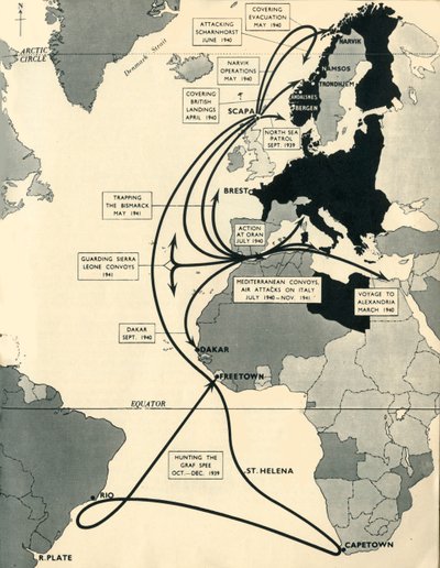 Mapa znázorňující pohyby HMS Ark Royal, 1939-1941, 1942. od Unbekannt