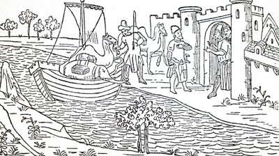 Marco Polo a jeho strýci dorazí do Hormuzu. od Unbekannt