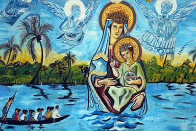 Mariánská svatyně naší Paní z jezera Togo. Panna Maria z jezera Togo. Malba na zdi. Jít od Unbekannt