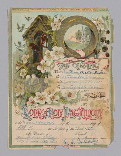 Oddací list Luthera Millera Pulce a Irene Jenkinsové, 30. října 1902. od Unbekannt