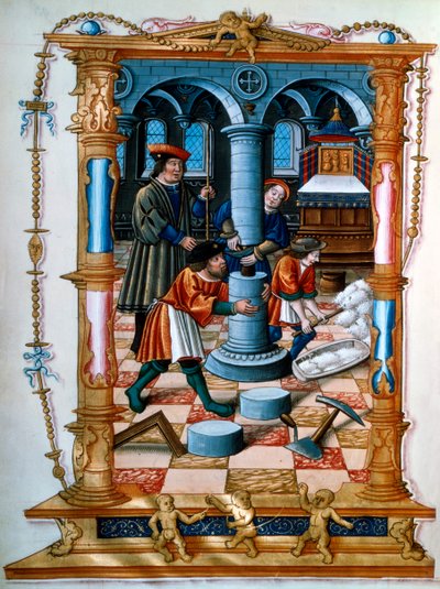 Zedníci staví sloup v kostele, c1525 od Unbekannt