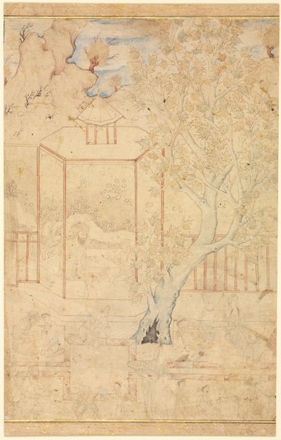 Mistr a učedník v zahradním altánu, jednostránková ilustrace, c. 1570-1590. od Unbekannt