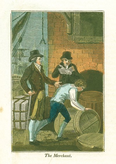 Obchodník a jeho úředník v přístavišti kontrolují zboží ve skladu, 1823 od Unbekannt