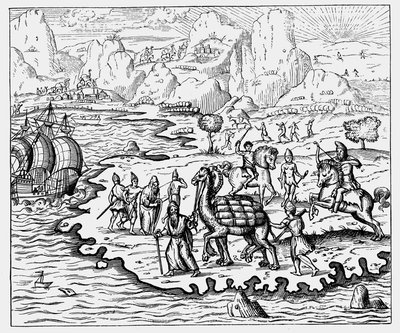 Obchodníci přepravující zboží na pobřeží a čekající loď na velbloudu, 1575 od Unbekannt