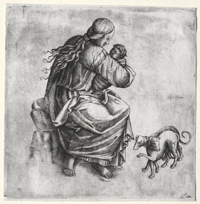 Matka a dítě se dvěma psy, konec 1400s. od Unbekannt