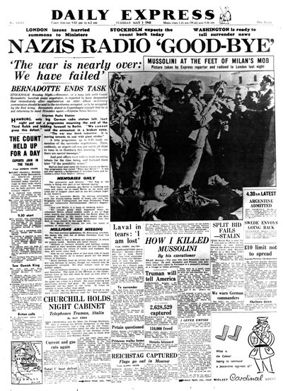 Nacistické rádio Good-bye, titulní strana Daily Express, 1. května 1945 od Unbekannt