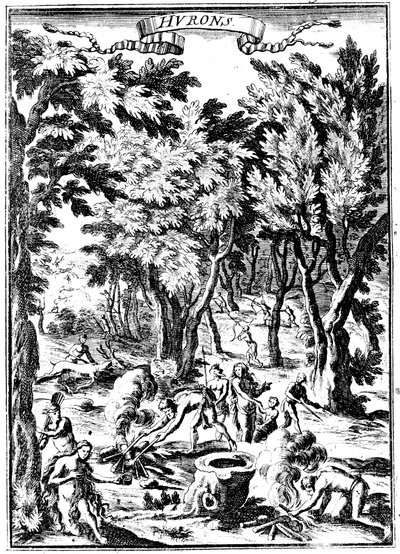 Severoameričtí Huronští indiáni lovící a připravující jídlo v lesích, 1686 od Unbekannt