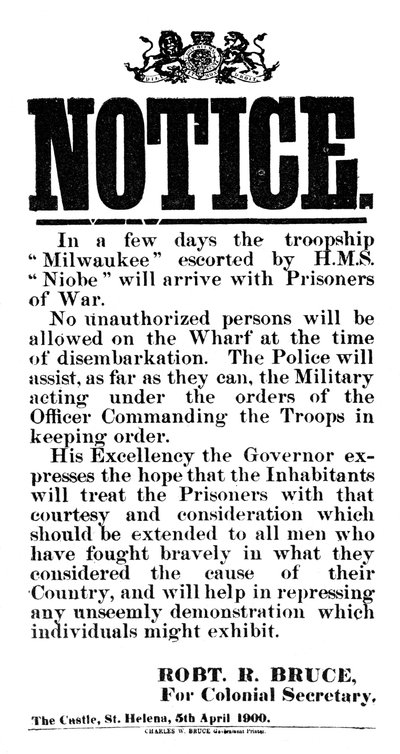 Oznámení o příjezdu búrských válečných zajatců na Milwaukee, Svatá Helena, 5. dubna 1900 od Unbekannt