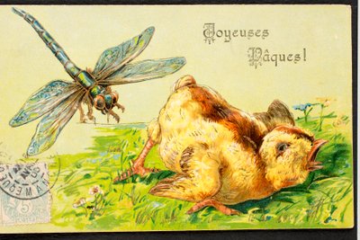 Stará pohlednice/Veselé Velikonoce/Kuře/Vážka od Unbekannt