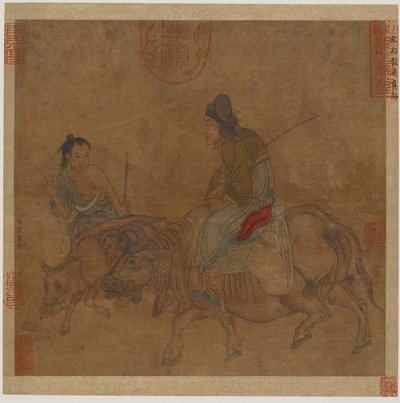 Stará žena na vola, s pastevcem a teletem, možná dynastie Ming, 1368-1644. od Unbekannt
