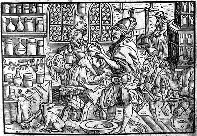 Operace na hlavě muže. Z: Velký lék na rány Theophrastus Bombastus von Hohenheim, 1562 od Unbekannt