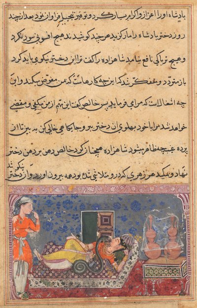 Stránka z Příběhů papouška Tuti-nama: Osmnáctá noc: Khalis splácí..., c. 1560. od Unbekannt