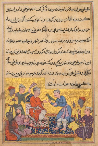 Stránka z Tales of a Parrot Tuti-nama: Desátá noc: Kouzelný papoušek obchodníků, c. 1560. od Unbekannt
