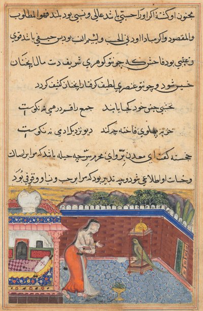 Stránka z Příběhů papouška Tuti-nama: Třicátá první noc: Papoušek..., 1558-1560. od Unbekannt