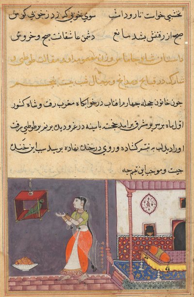 Stránka z Tales of a Parrot Tuti-nama: Dvacátá pátá noc: Papoušek osloví Khujasta..., c1560 od Unbekannt