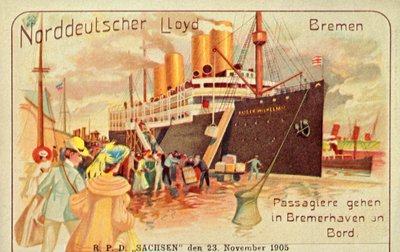 Cestující nastoupí na obří SS Kaiser Wilhelm II v Bremerhavenu, 1905. od Unbekannt