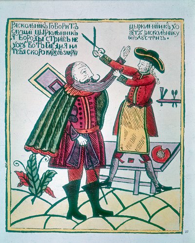 Petr I., Veliký 1672-1725, ruský car, stříhání vousů u šlechtice Bojarů od Unbekannt