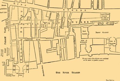 Plán části Westminsteru v letech 1734 až 1748 - Před postavením Parliament Street, od Unbekannt