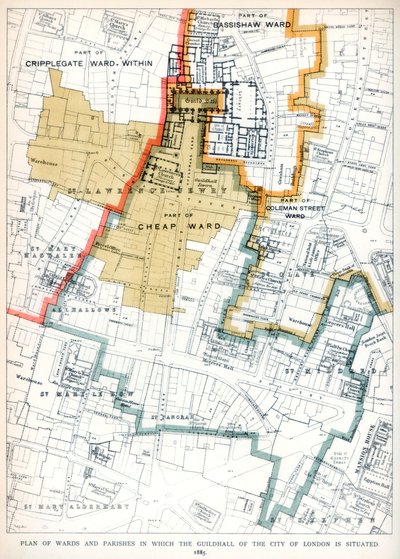 Plán oddělení a farností, ve kterých se nachází Guildhall of the City of London, 1886 od Unbekannt
