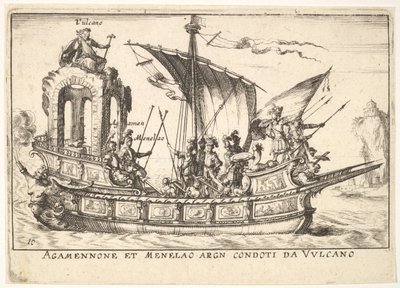 Deska 10: Agamemnon a Menelaos sedící na člunu doprovázeni dalšími postavami včetně V..., 1664. od Unbekannt