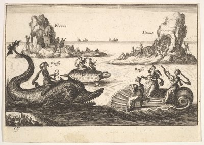 Deska 15: Řeky a bohyně, s plovoucími ostrovy vedenými tyčonoši, ženská postava..., 1664. od Unbekannt