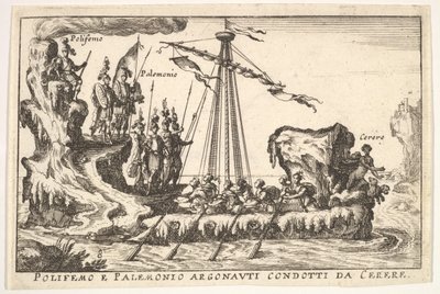 Deska 8: Polyphemus a Palemonius pod vedením Ceres Polifemo e Palemonio Argonauti condotti d ..., 1664. od Unbekannt