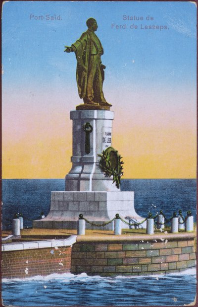 Pohlednice zobrazující sochu Ferdinanda de Lesseps v přístavu Port Said, počátek dvacátého století (barevné lito) (po fotografii) od Unbekannt
