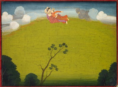 Pradyumna a Mayawati létají do Dwarky z Velké Basohli Bhagavata Purana, cca. 1760-1765. od Unbekannt