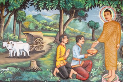 Klášter Preah Prom Rath Život Buddhy Siddhártha Gautama obdržel jídlo od dvou Brahmanů, Siem Reap, Kambodža od Unbekannt
