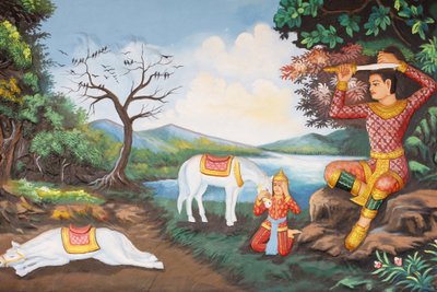 Klášter Preah Prom RathŽivot BuddhyVelká tonzura: Buddha si ostříhá vlasy mečem, poté převlékl princův oděv za žebrácké roucho, poté začal svou výpravu za osvícením, Siem Reap, Kambodža od Unbekannt