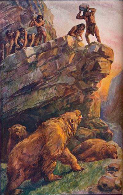 Prehistoričtí muži útočící na velké jeskynní medvědy, 1907 od Unbekannt