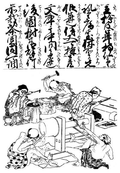 Primitivní tyčový soustruh z japonské obchodní encyklopedie, 1828 1956 od Unbekannt