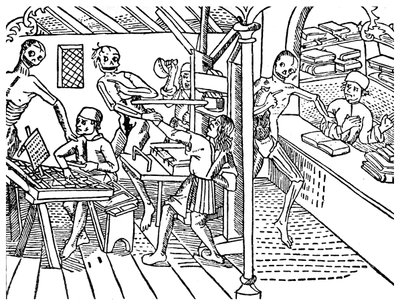 Tiskaři obtěžováni kostlivci, 1499 1956 od Unbekannt