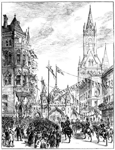 Průvod se blíží k radnici, Manchester, 1887 od Unbekannt