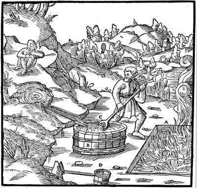 Výroba soli odpařováním přírodní solanky jejím nasypáním do jámy s hořícím dřevěným uhlím, 1556 od Unbekannt