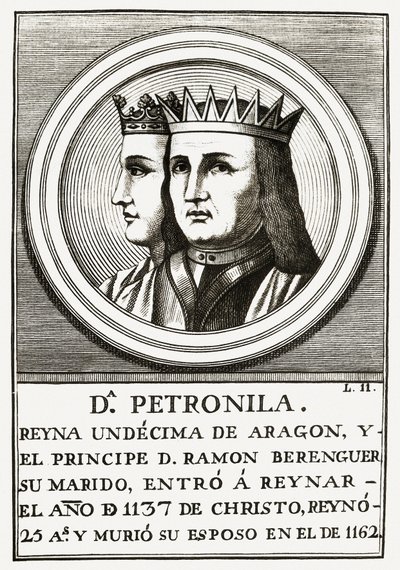 Raimond Berenger IV z Barcelony a Petronilla Queen of Aragon, rytina. od Unbekannt