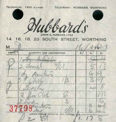 Potvrzení z obchodního domu Hubbards, 1921. od Unbekannt